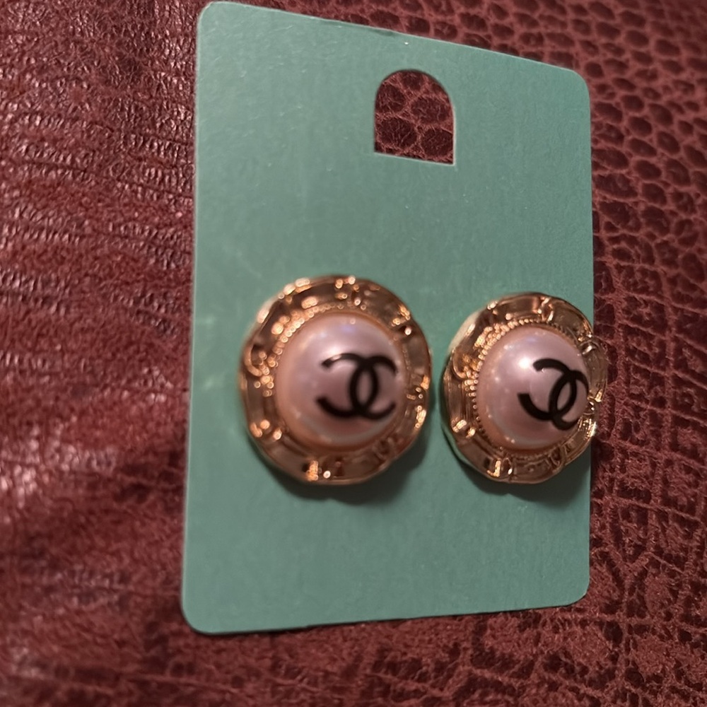 Gold and Opal White LV Gucci Logo Earrings - designer bling - Picture 6 of 14